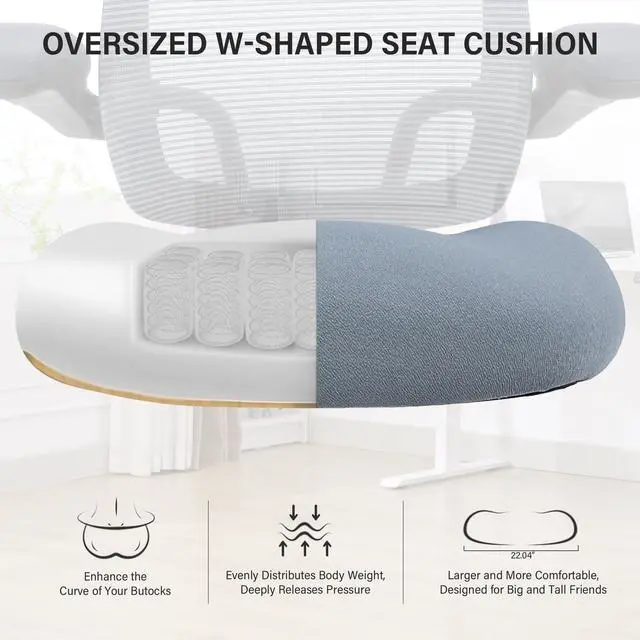 Alt view image 5 of 6 - 500lbs Big and Tall Office Chair - Heavy Duty Mesh Ergonomic Desk Chair with Headrest, High Back Computer Chair - Flip-up Armrests, Wide Thick Seat Cushion, Quiet Wheels, Grey