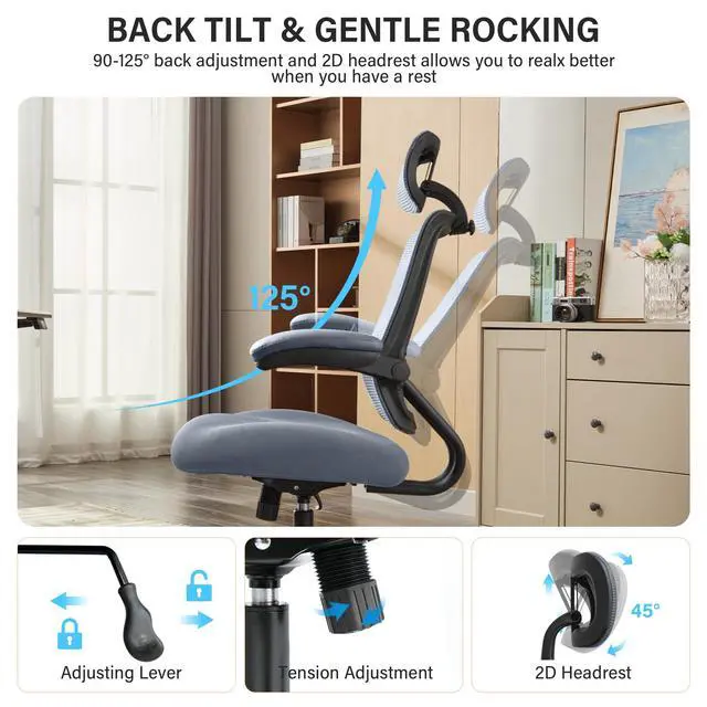 Alt view image 6 of 6 - 500lbs Big and Tall Office Chair - Heavy Duty Mesh Ergonomic Desk Chair with Headrest, High Back Computer Chair - Flip-up Armrests, Wide Thick Seat Cushion, Quiet Wheels, Grey