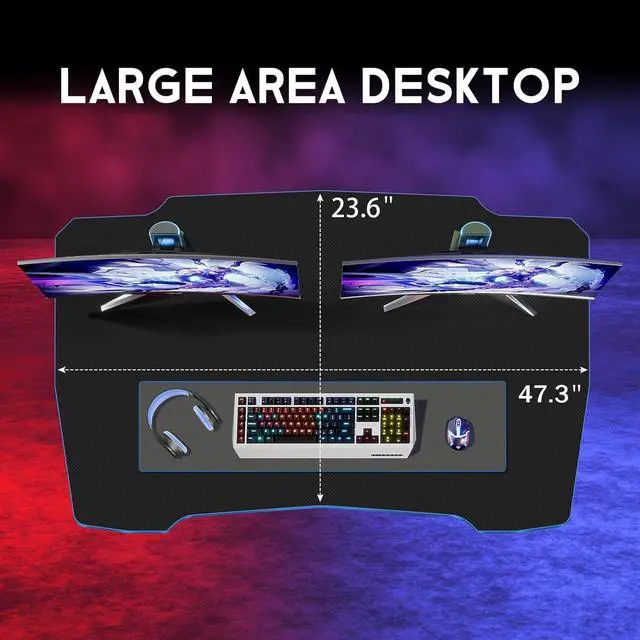 Alt view image 3 of 6 - Z-Shaped Gaming Computer Desk - 47" Large Gaming Table with Carbon Fiber Surface, Sturdy Metal Frame, Blue