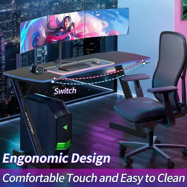 Alt view image 4 of 6 - Z-Shaped Gaming Computer Desk - 47" Large Gaming Table with Carbon Fiber Surface, Sturdy Metal Frame, Blue