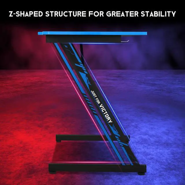 Alt view image 5 of 6 - Z-Shaped Gaming Computer Desk - 47" Large Gaming Table with Carbon Fiber Surface, Sturdy Metal Frame, Blue