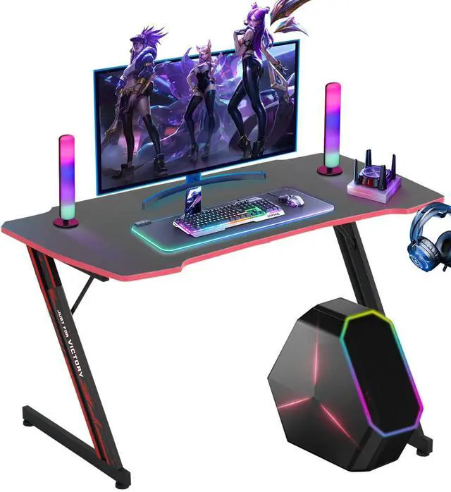 Main image of 47 in Z-Shaped Home Computer Desk with Hook - Large Gaming Table for Work & Study, PC Gaming Workstation with Carbon Fiber Surface, Sturdy Metal Frame, Stable and Durable, Red