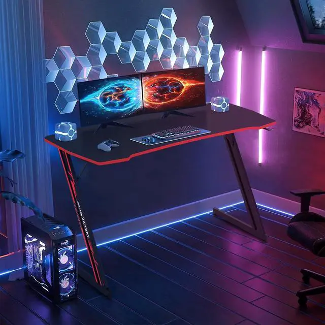 Alt view image 2 of 6 - 47 in Z-Shaped Home Computer Desk with Hook - Large Gaming Table for Work & Study, PC Gaming Workstation with Carbon Fiber Surface, Sturdy Metal Frame, Stable and Durable, Red