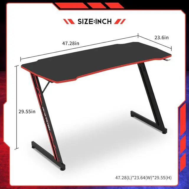 Alt view image 3 of 6 - 47 in Z-Shaped Home Computer Desk with Hook - Large Gaming Table for Work & Study, PC Gaming Workstation with Carbon Fiber Surface, Sturdy Metal Frame, Stable and Durable, Red
