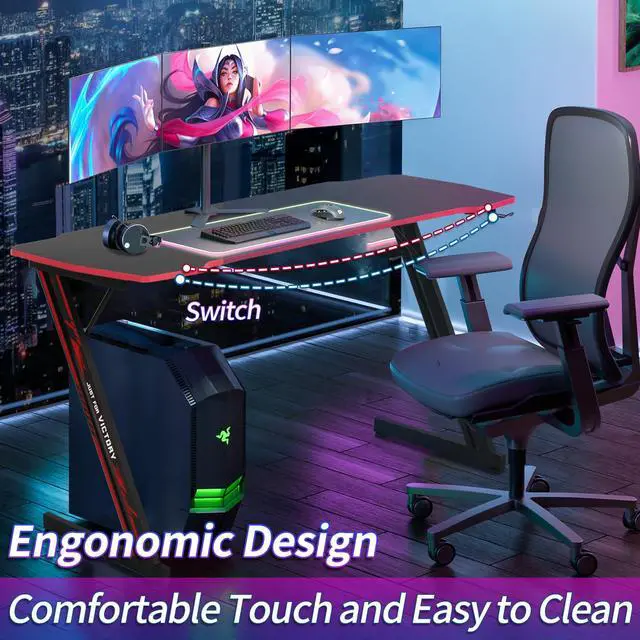 Alt view image 4 of 6 - 47 in Z-Shaped Home Computer Desk with Hook - Large Gaming Table for Work & Study, PC Gaming Workstation with Carbon Fiber Surface, Sturdy Metal Frame, Stable and Durable, Red