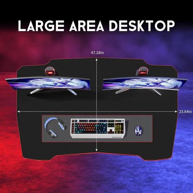 Alt view image 5 of 6 - 47 in Z-Shaped Home Computer Desk with Hook - Large Gaming Table for Work & Study, PC Gaming Workstation with Carbon Fiber Surface, Sturdy Metal Frame, Stable and Durable, Red