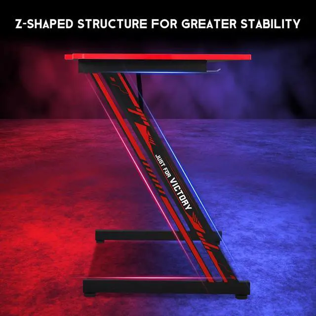 Alt view image 6 of 6 - 47 in Z-Shaped Home Computer Desk with Hook - Large Gaming Table for Work & Study, PC Gaming Workstation with Carbon Fiber Surface, Sturdy Metal Frame, Stable and Durable, Red