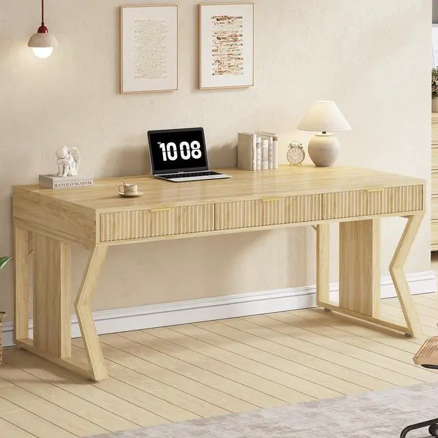 Alt view image 3 of 6 - 55" Executive Office Desk with 3 Drawers, Home Office Desk with Storage Drawers, Computer Writing Desk Study Table, Natural Oak