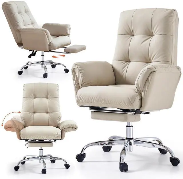 Main image of Criss Cross Chair with Wheels and Flip-up Arms, PU Leather, Beige | Office Chair with Foot Rest Reclining Desk Chair Comfy Wide Seat Rolling Computer Home Office Chair