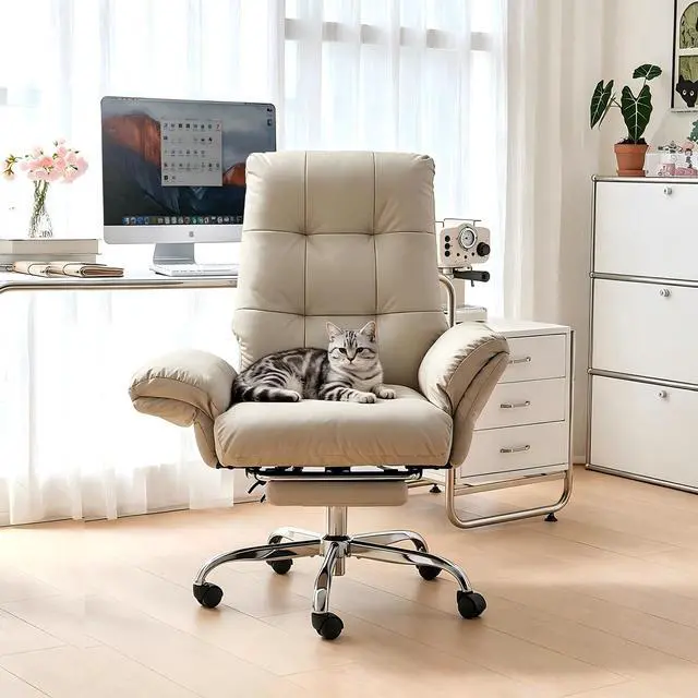 Alt view image 2 of 6 - Criss Cross Chair with Wheels and Flip-up Arms, PU Leather, Beige | Office Chair with Foot Rest Reclining Desk Chair Comfy Wide Seat Rolling Computer Home Office Chair