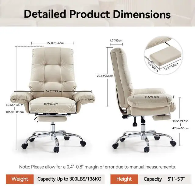 Alt view image 3 of 6 - Criss Cross Chair with Wheels and Flip-up Arms, PU Leather, Beige | Office Chair with Foot Rest Reclining Desk Chair Comfy Wide Seat Rolling Computer Home Office Chair