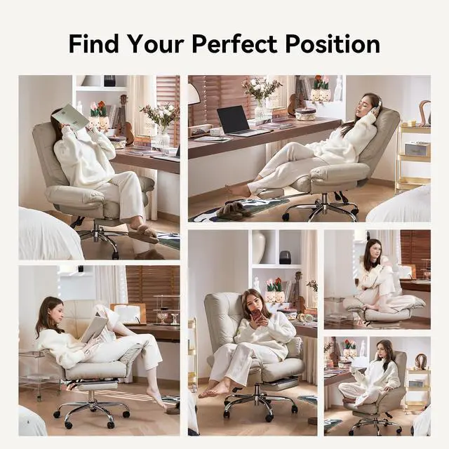 Alt view image 4 of 6 - Criss Cross Chair with Wheels and Flip-up Arms, PU Leather, Beige | Office Chair with Foot Rest Reclining Desk Chair Comfy Wide Seat Rolling Computer Home Office Chair