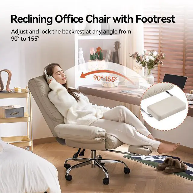 Alt view image 5 of 6 - Criss Cross Chair with Wheels and Flip-up Arms, PU Leather, Beige | Office Chair with Foot Rest Reclining Desk Chair Comfy Wide Seat Rolling Computer Home Office Chair