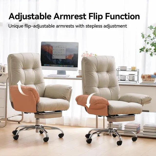 Alt view image 6 of 6 - Criss Cross Chair with Wheels and Flip-up Arms, PU Leather, Beige | Office Chair with Foot Rest Reclining Desk Chair Comfy Wide Seat Rolling Computer Home Office Chair