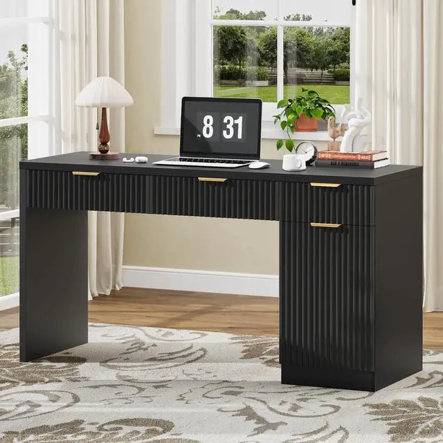 Main image of 60" Executive Desk with Fluted Drawers, Wood Home Office Desk with Storage Cabinet, Fluted Reversible Computer Writing Desk for Study, Living Room,Black