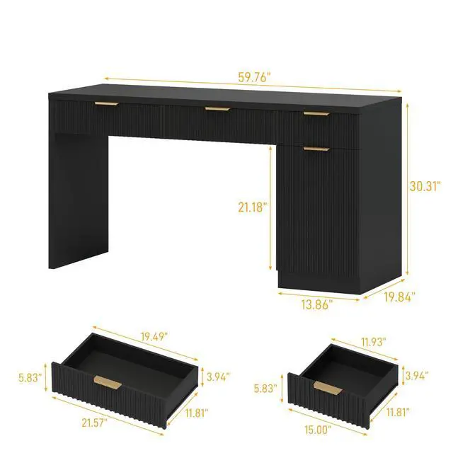 Alt view image 2 of 6 - 60" Executive Desk with Fluted Drawers, Wood Home Office Desk with Storage Cabinet, Fluted Reversible Computer Writing Desk for Study, Living Room,Black