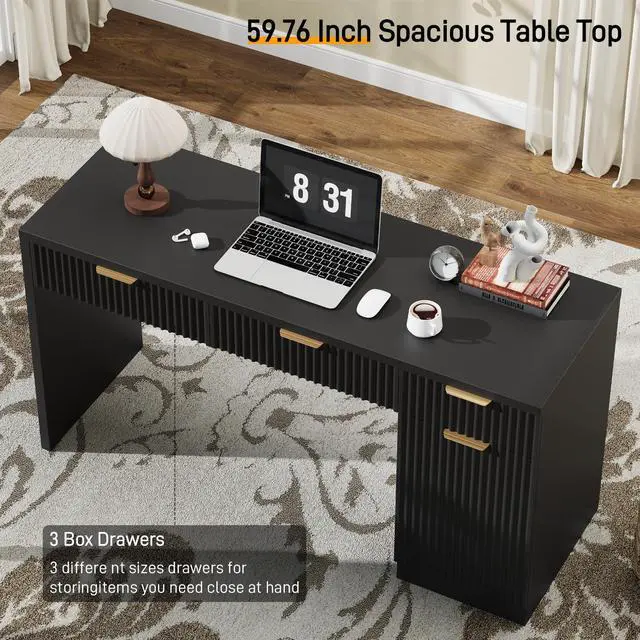 Alt view image 3 of 6 - 60" Executive Desk with Fluted Drawers, Wood Home Office Desk with Storage Cabinet, Fluted Reversible Computer Writing Desk for Study, Living Room,Black