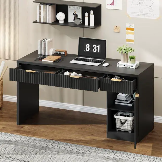 Alt view image 6 of 6 - 60" Executive Desk with Fluted Drawers, Wood Home Office Desk with Storage Cabinet, Fluted Reversible Computer Writing Desk for Study, Living Room,Black