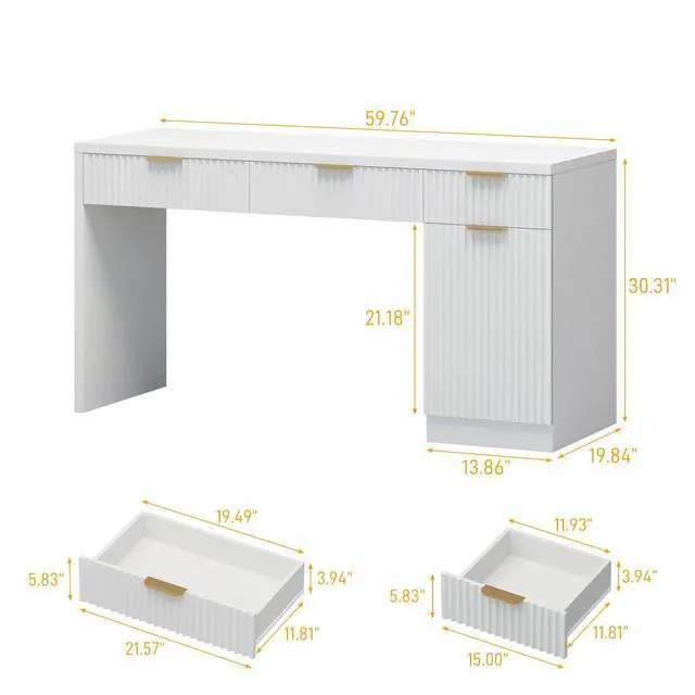 Alt view image 2 of 6 - 60" Executive Desk with Fluted Drawers, Wood Home Office Desk with Storage Cabinet, Fluted Reversible Computer Writing Desk for Study, Living Room,White