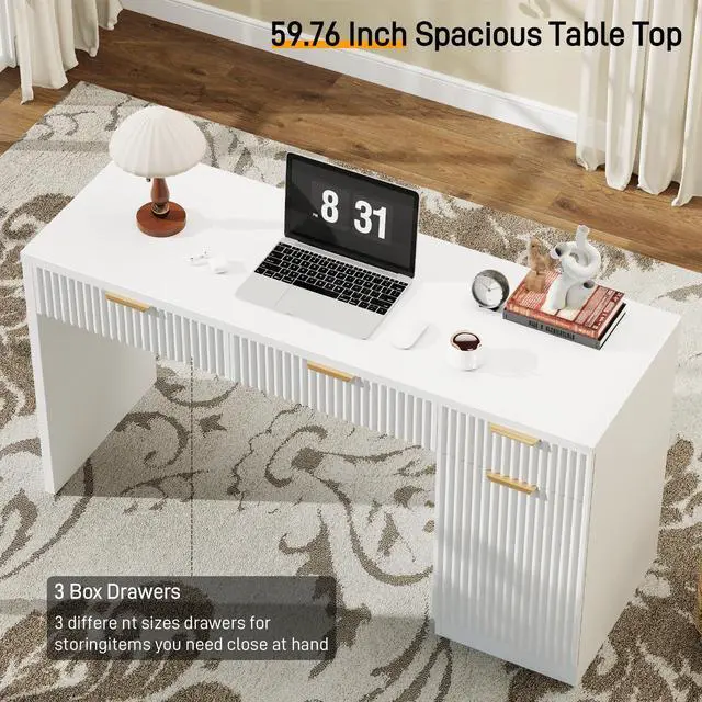 Alt view image 3 of 6 - 60" Executive Desk with Fluted Drawers, Wood Home Office Desk with Storage Cabinet, Fluted Reversible Computer Writing Desk for Study, Living Room,White