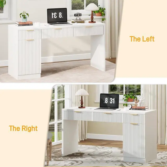Alt view image 5 of 6 - 60" Executive Desk with Fluted Drawers, Wood Home Office Desk with Storage Cabinet, Fluted Reversible Computer Writing Desk for Study, Living Room,White