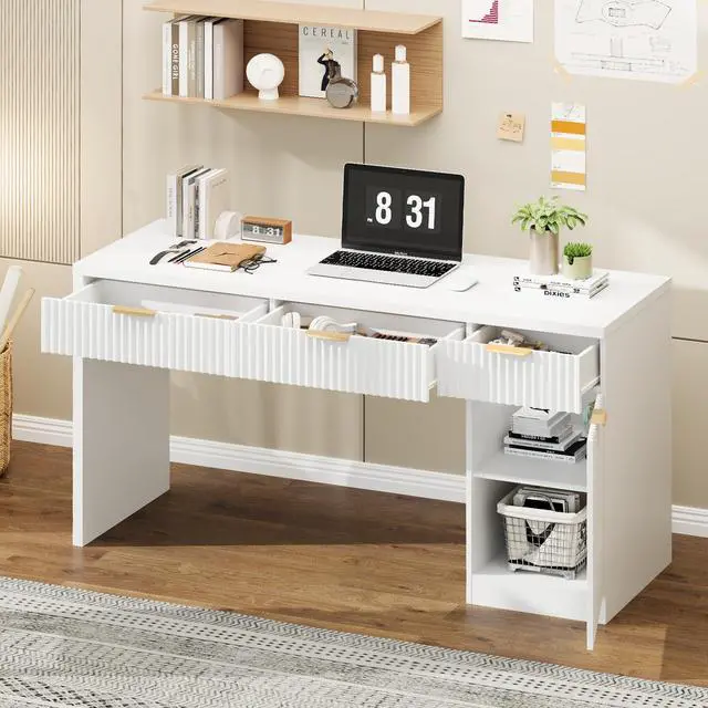 Alt view image 6 of 6 - 60" Executive Desk with Fluted Drawers, Wood Home Office Desk with Storage Cabinet, Fluted Reversible Computer Writing Desk for Study, Living Room,White