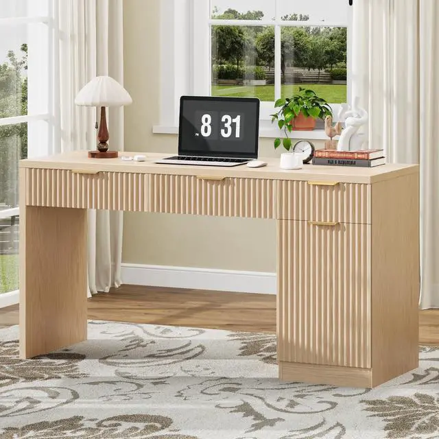 Main image of 60" Executive Desk with Fluted Drawers, Wood Home Office Desk with Storage Cabinet, Fluted Computer Writing Desk for Study, Living Room, Natural Oak