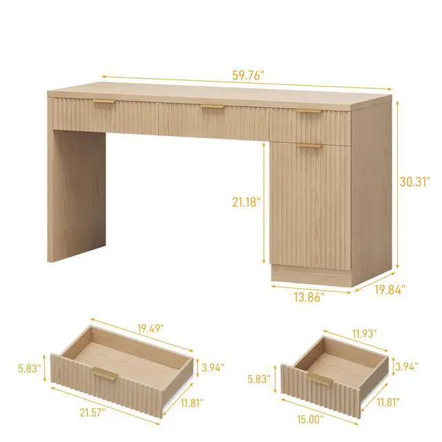 Alt view image 2 of 6 - 60" Executive Desk with Fluted Drawers, Wood Home Office Desk with Storage Cabinet, Fluted Computer Writing Desk for Study, Living Room, Natural Oak