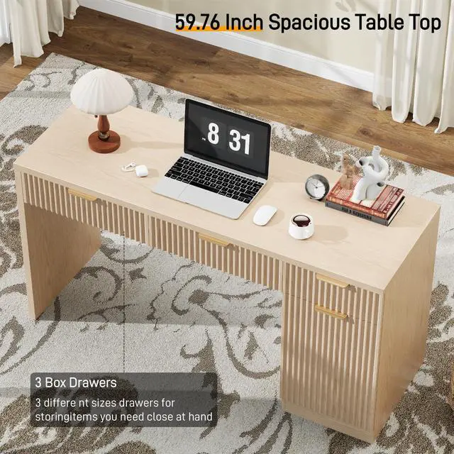 Alt view image 3 of 6 - 60" Executive Desk with Fluted Drawers, Wood Home Office Desk with Storage Cabinet, Fluted Computer Writing Desk for Study, Living Room, Natural Oak