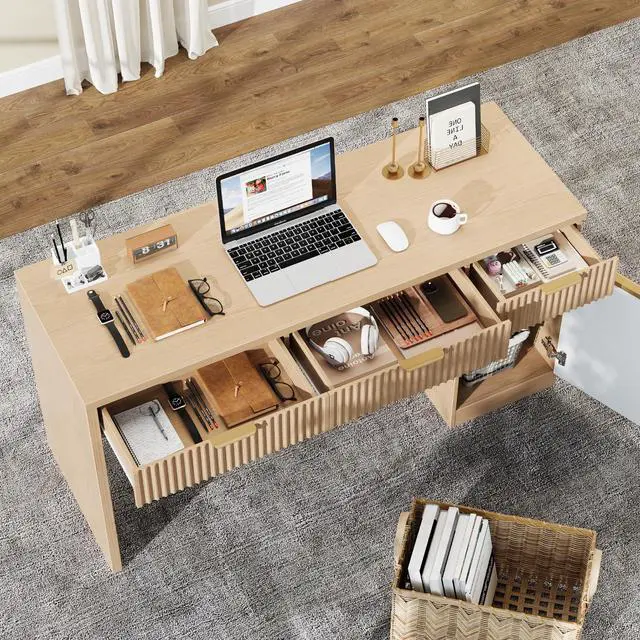 Alt view image 6 of 6 - 60" Executive Desk with Fluted Drawers, Wood Home Office Desk with Storage Cabinet, Fluted Computer Writing Desk for Study, Living Room, Natural Oak