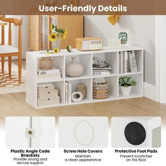 Alt view image 6 of 6 - 8-Cube Bookcase, 3-Tier Cubby Bookshelf, Horizontal Vertical Display Rack with Anti-Tipping Kits, Modern Storage Organizer Shelf Unit for Bedroom, Living Room, Study (White, 8-Cube)