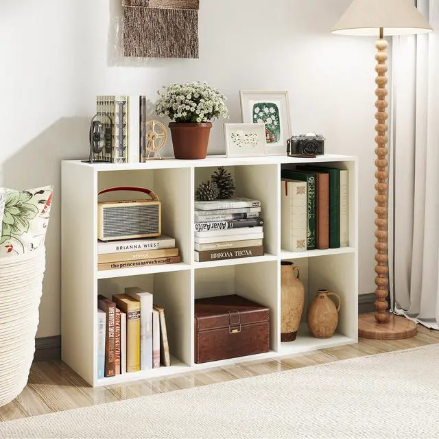 Alt view image 2 of 6 - 6-Cube Bookcase, 3-Tier Cubby Bookshelf, Horizontal Vertical Display Rack with Anti-Tipping Kits, Modern Storage Organizer Shelf Unit for Bedroom, Living Room, Study Room, White