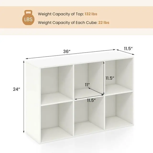 Alt view image 3 of 6 - 6-Cube Bookcase, 3-Tier Cubby Bookshelf, Horizontal Vertical Display Rack with Anti-Tipping Kits, Modern Storage Organizer Shelf Unit for Bedroom, Living Room, Study Room, White