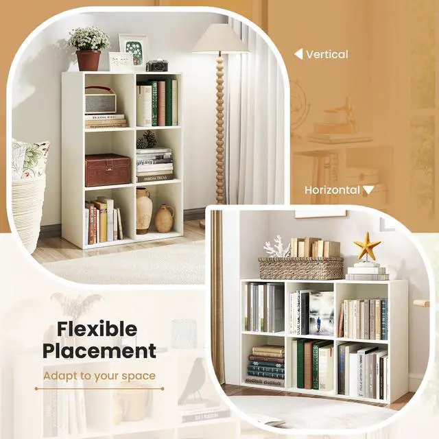 Alt view image 4 of 6 - 6-Cube Bookcase, 3-Tier Cubby Bookshelf, Horizontal Vertical Display Rack with Anti-Tipping Kits, Modern Storage Organizer Shelf Unit for Bedroom, Living Room, Study Room, White