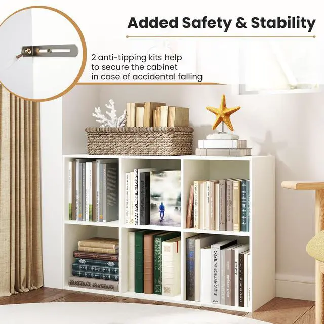 Alt view image 5 of 6 - 6-Cube Bookcase, 3-Tier Cubby Bookshelf, Horizontal Vertical Display Rack with Anti-Tipping Kits, Modern Storage Organizer Shelf Unit for Bedroom, Living Room, Study Room, White