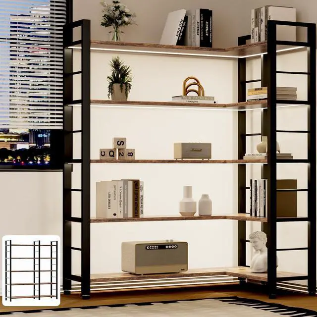 Main image of 65" X 50" Straight Wide 5 Tier Bookshelf with LED Light, L Shaped Bookcase with Adjustable Feet, Corner Book Case with 10 Open Shelves, Shelf Unit Display Shelf for Living Room, Home Office