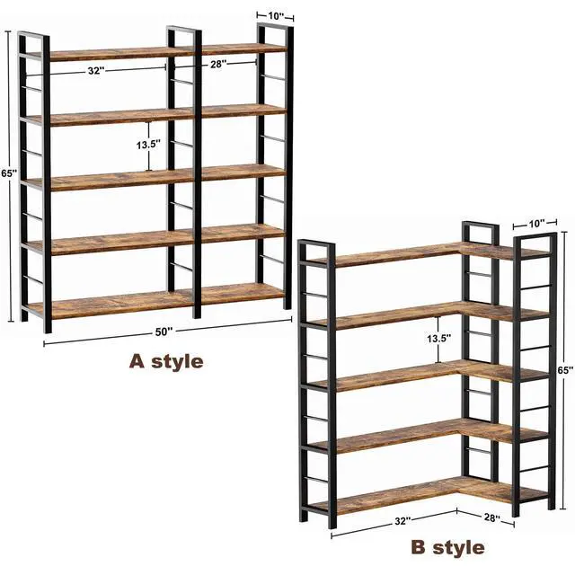 Alt view image 2 of 4 - 65" X 50" Straight Wide 5 Tier Bookshelf with LED Light, L Shaped Bookcase with Adjustable Feet, Corner Book Case with 10 Open Shelves, Shelf Unit Display Shelf for Living Room, Home Office