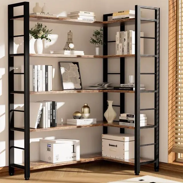 Alt view image 3 of 4 - 65" X 50" Straight Wide 5 Tier Bookshelf with LED Light, L Shaped Bookcase with Adjustable Feet, Corner Book Case with 10 Open Shelves, Shelf Unit Display Shelf for Living Room, Home Office