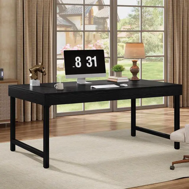 Main image of 55" Industrial Executive Desk for Home Office, Rustic Simple Computer Laptop Desk with Strong Metal Legs, Study Writing Table Business Workstation, Small Conference Table Black