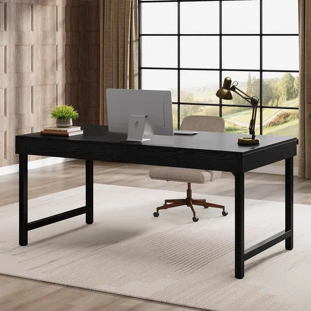 Alt view image 3 of 6 - 55" Industrial Executive Desk for Home Office, Rustic Simple Computer Laptop Desk with Strong Metal Legs, Study Writing Table Business Workstation, Small Conference Table Black