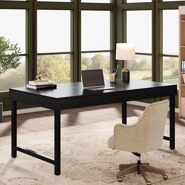 Alt view image 4 of 6 - 55" Industrial Executive Desk for Home Office, Rustic Simple Computer Laptop Desk with Strong Metal Legs, Study Writing Table Business Workstation, Small Conference Table Black