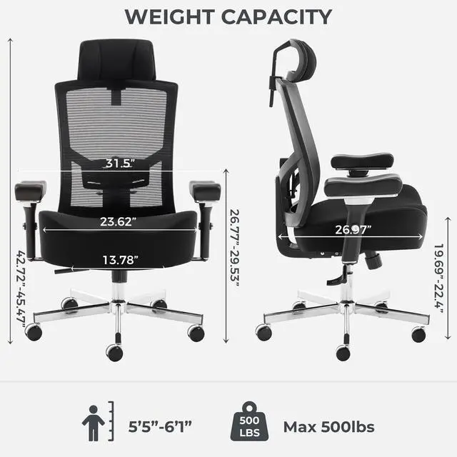 Alt view image 3 of 6 - 600lbs Big and Tall Office Chair,Oversized Ergonomic Breathable Mesh Desk Chair with W-Shape Thicken Seat Cushion,Computer Chair Upgraded 4D Armrest with Adjustable Lumbar Support&Headrest