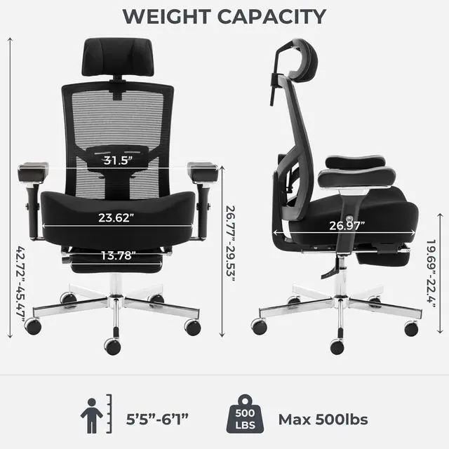 Alt view image 3 of 6 - 600lbs Big and Tall Office Chair,Oversized Ergonomic Breathable Mesh Desk Chair with W-Shape Thicken Seat Cushion,Computer Chair with Adjustable 4D Armrest,Lumbar Support Footrest Headrest