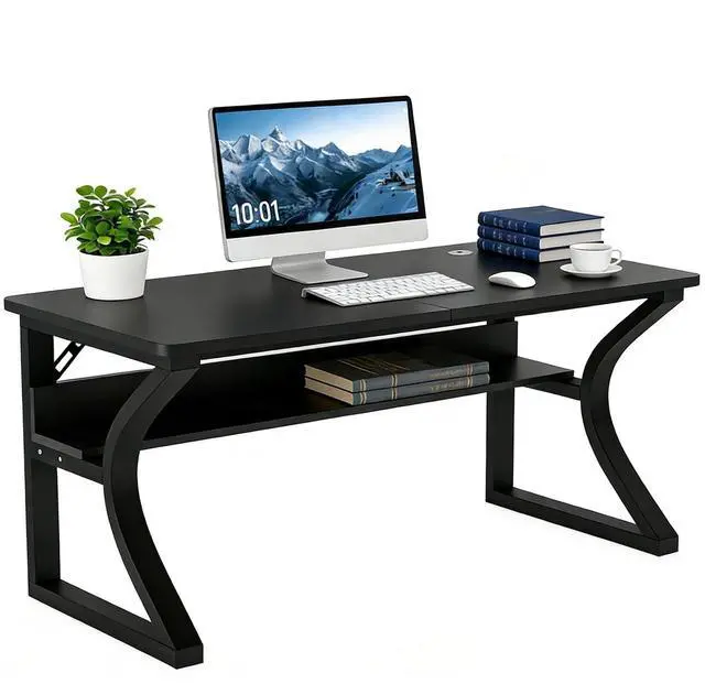 Main image of 47 inch Computer Desk, Home Office Desk with Storage Shelf, Sturdy U-Shaped Metal Frame Study Table with Cable Management, Gaming Desk for Office & Bedroom (Black, 47inch)