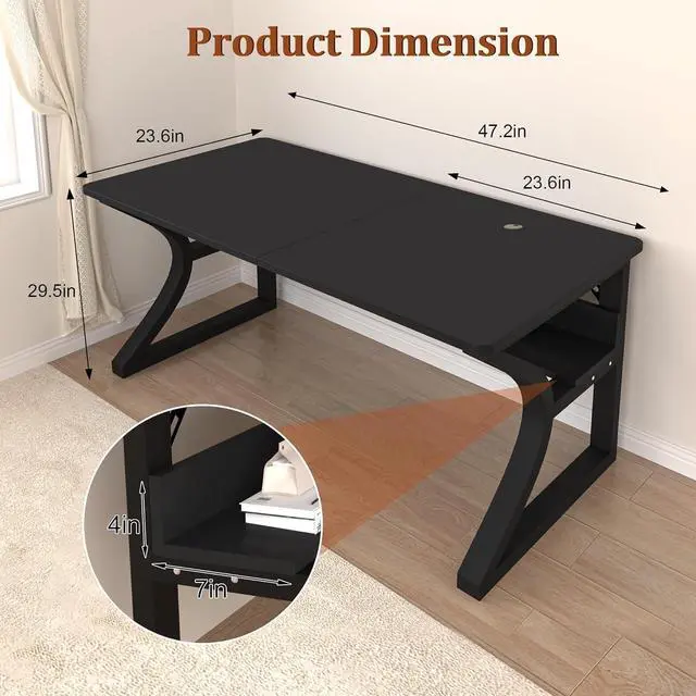 Alt view image 2 of 6 - 47 inch Computer Desk, Home Office Desk with Storage Shelf, Sturdy U-Shaped Metal Frame Study Table with Cable Management, Gaming Desk for Office & Bedroom (Black, 47inch)