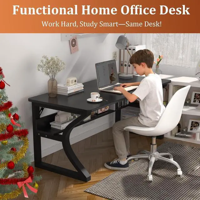 Alt view image 6 of 6 - 47 inch Computer Desk, Home Office Desk with Storage Shelf, Sturdy U-Shaped Metal Frame Study Table with Cable Management, Gaming Desk for Office & Bedroom (Black, 47inch)