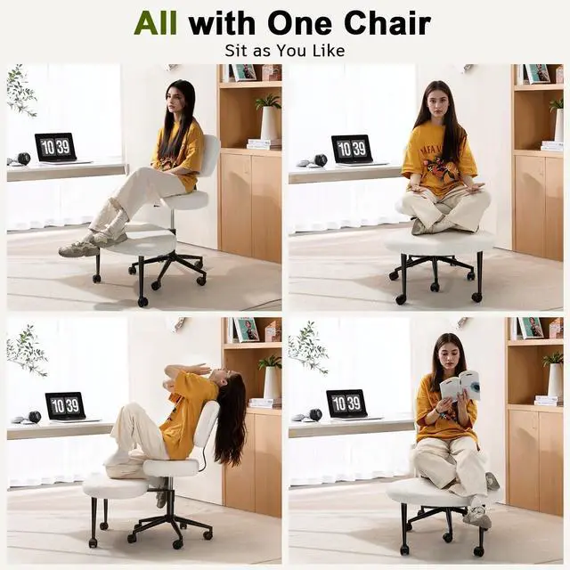 Alt view image 6 of 6 - Ergonomic Cross Legged Office Chair, ADHD Chair for Adults, Height Adjustable Meditation Chair with Wheels, Teddy Fabric Yoga Kneeling Chairs with Comfortable Back Support (White)