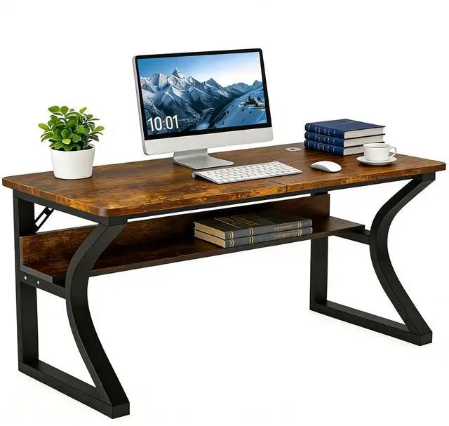 Main image of 47 inch Computer Desk, Home Office Desk with Storage Shelf, Sturdy U-Shaped Metal Frame Study Table with Cable Management, Gaming Desk for Office & Bedroom (Rustic Brown, 47inch)