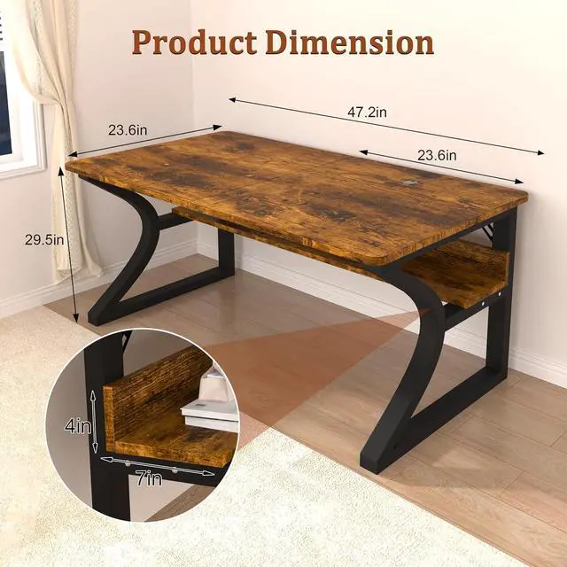 Alt view image 2 of 6 - 47 inch Computer Desk, Home Office Desk with Storage Shelf, Sturdy U-Shaped Metal Frame Study Table with Cable Management, Gaming Desk for Office & Bedroom (Rustic Brown, 47inch)