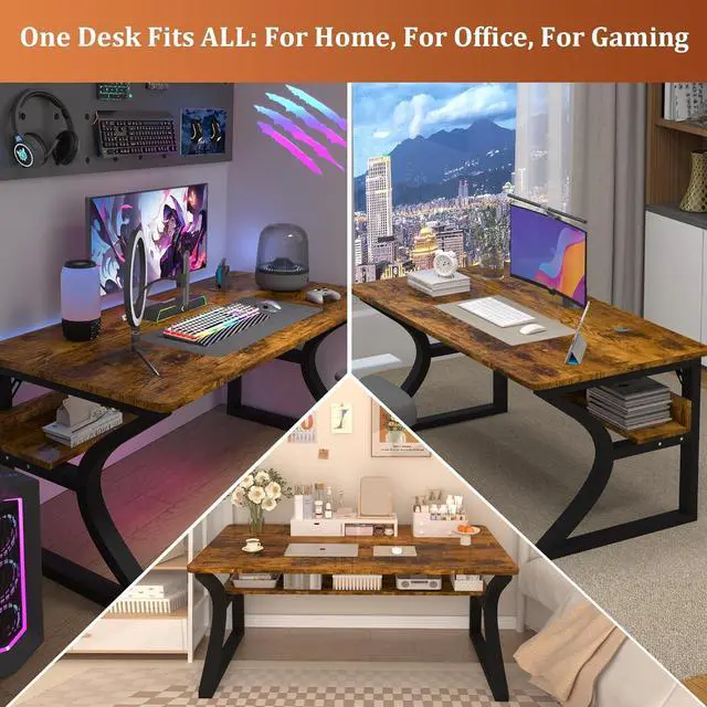 Alt view image 6 of 6 - 47 inch Computer Desk, Home Office Desk with Storage Shelf, Sturdy U-Shaped Metal Frame Study Table with Cable Management, Gaming Desk for Office & Bedroom (Rustic Brown, 47inch)